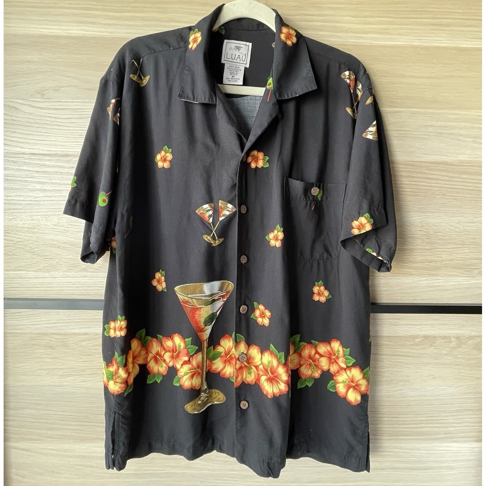 Vintage LUAU Hawaiian Shirt Men's M Black Martini Glass Cocktail Floral Hibiscus